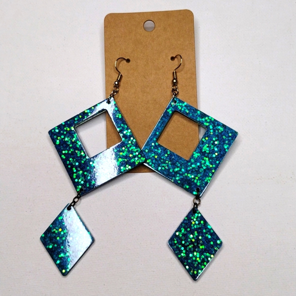 Turquoise blue sparkle square rectangle double dangle silver hook earrings